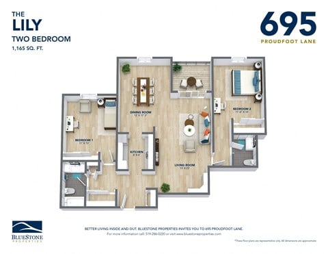 Floor plan for 2 beds, 1.5 baths, 1165 sqft